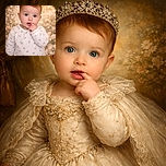 A curious 5-month-old baby with striking blue eyes and soft brown hair is captured in a cozy floral onesie, gently sucking on a finger against a dreamy, flower-filled backdrop. The photo radiates warmth and innocence, with a delicate text overlay noting the baby's age in French.