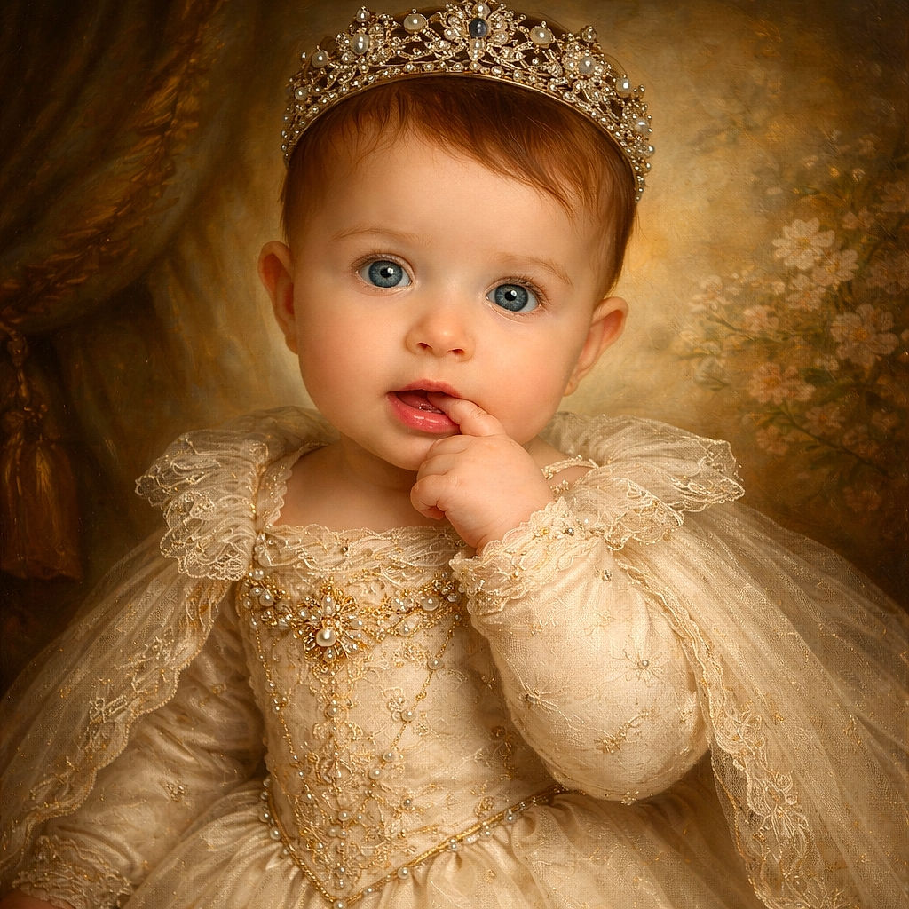 A curious 5-month-old baby with striking blue eyes and soft brown hair is captured in a cozy floral onesie, gently sucking on a finger against a dreamy, flower-filled backdrop. The photo radiates warmth and innocence, with a delicate text overlay noting the baby's age in French.