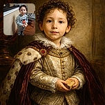 A curious little kid with curly hair stands indoors wearing a grey hoodie with a cartoon character, holding small objects in his hands. Behind him, a chair with a pair of small shoes rests on it, and the room has a warm wooden floor and beige walls.