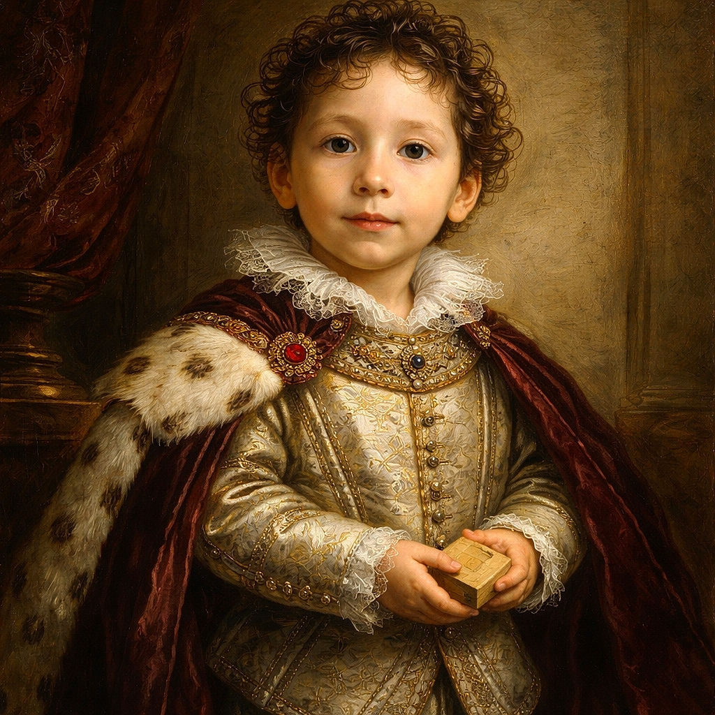 A curious little kid with curly hair stands indoors wearing a grey hoodie with a cartoon character, holding small objects in his hands. Behind him, a chair with a pair of small shoes rests on it, and the room has a warm wooden floor and beige walls.