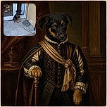 A serious little black-and-tan puppy sits politely by the doorway, wearing a leash and looking like it has been assigned guard duty—while a tangled pile of chains nearby suggests the household's security plan may be slightly overengineered.
