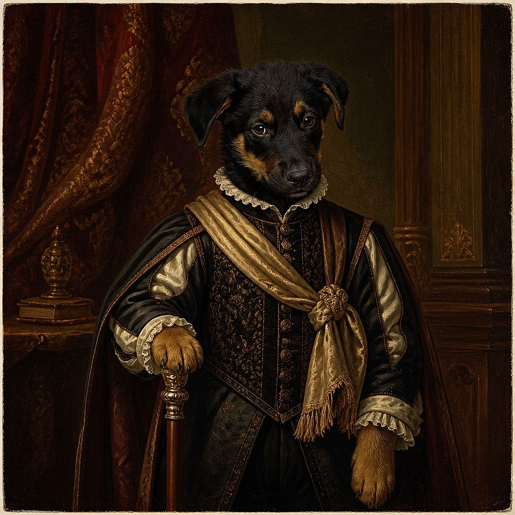 A serious little black-and-tan puppy sits politely by the doorway, wearing a leash and looking like it has been assigned guard duty—while a tangled pile of chains nearby suggests the household's security plan may be slightly overengineered.