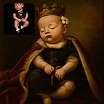 A peacefully sleeping baby dressed in a cute black outfit with a white flower headband and tiny Nike booties, nestled against a dark soft backdrop that makes the baby glow like a little star.