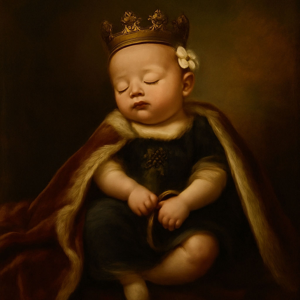 A peacefully sleeping baby dressed in a cute black outfit with a white flower headband and tiny Nike booties, nestled against a dark soft backdrop that makes the baby glow like a little star.