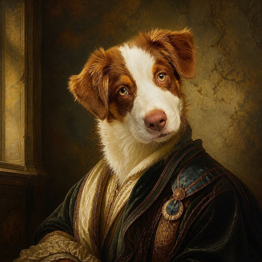 A charming brown-and-white puppy lounges like a fluffy executive on a gray ottoman, giving the camera an adorably serious stare while dramatically dangling its oversized paws over the edge.