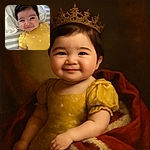 A smiling baby in a yellow outfit with white flowers lies on a striped surface, looking cozy and content with a hint of playful mischief in their eyes.
