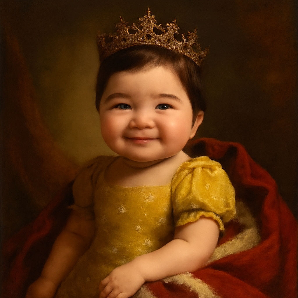 A smiling baby in a yellow outfit with white flowers lies on a striped surface, looking cozy and content with a hint of playful mischief in their eyes.
