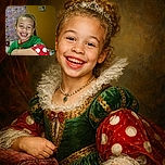 A joyful child with a bright smile is holding a lollipop, wearing a colorful green and red outfit with polka dots, set against a cozy indoor background with a patterned blanket hanging on the wall.