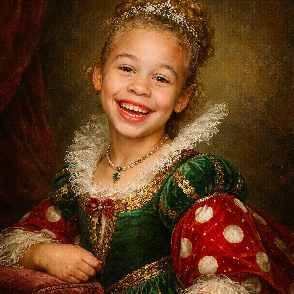 A joyful child with a bright smile is holding a lollipop, wearing a colorful green and red outfit with polka dots, set against a cozy indoor background with a patterned blanket hanging on the wall.