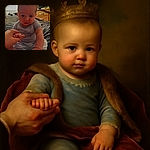 A curious baby in a light blue outfit grips an adult's finger with intense focus, sitting on a cozy bed with soft natural light filtering through a nearby window, wooden drawers and a TV in the background adding a homely touch.