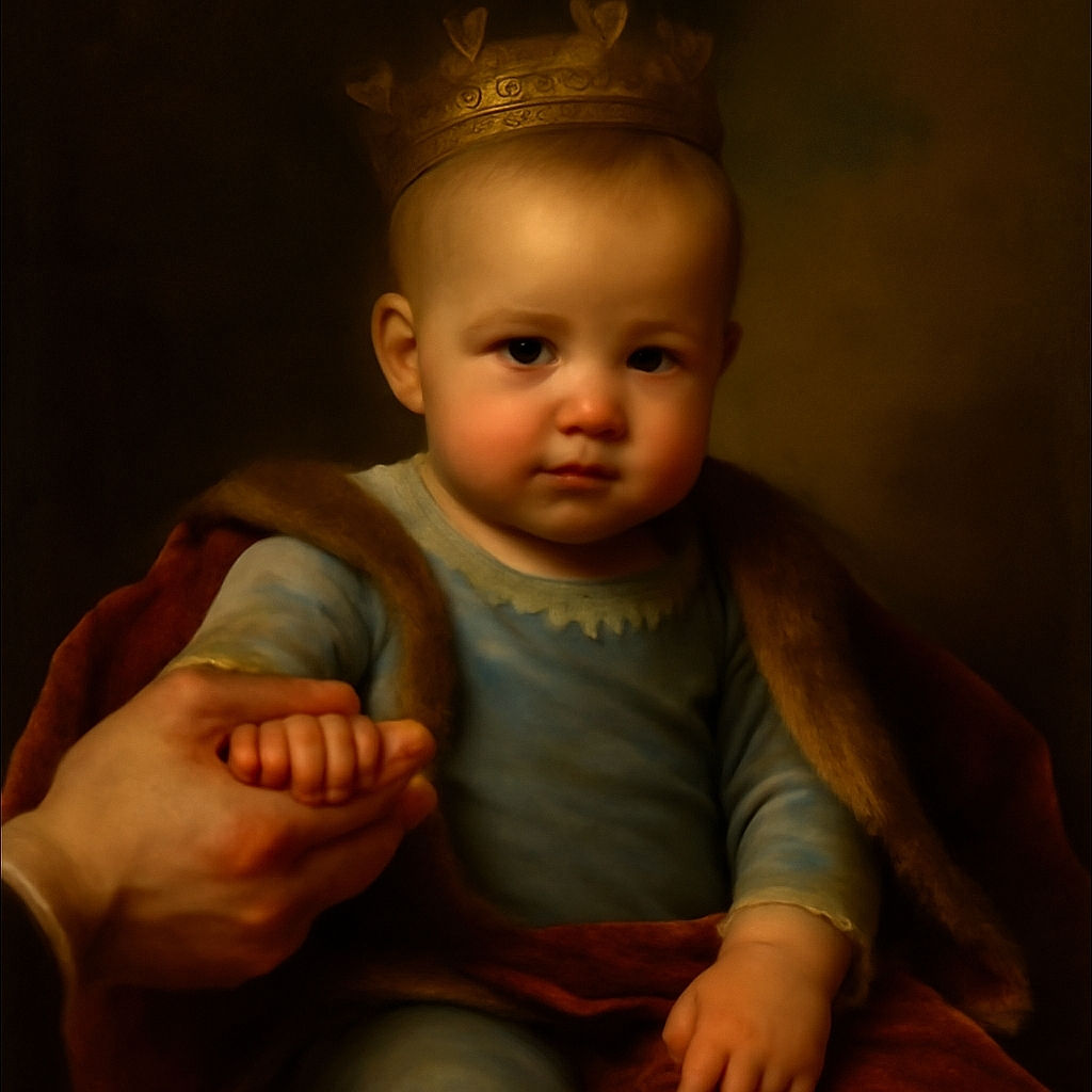 A curious baby in a light blue outfit grips an adult's finger with intense focus, sitting on a cozy bed with soft natural light filtering through a nearby window, wooden drawers and a TV in the background adding a homely touch.