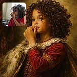 A curly-haired child in a red shirt is caught mid-thought, with fingers near their mouth, sitting on a bed with a metal frame and a spotted plush toy in the background, all bathed in soft natural light from a window.