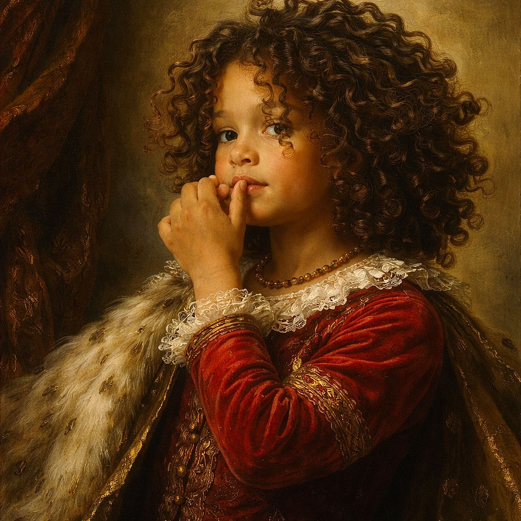 A curly-haired child in a red shirt is caught mid-thought, with fingers near their mouth, sitting on a bed with a metal frame and a spotted plush toy in the background, all bathed in soft natural light from a window.