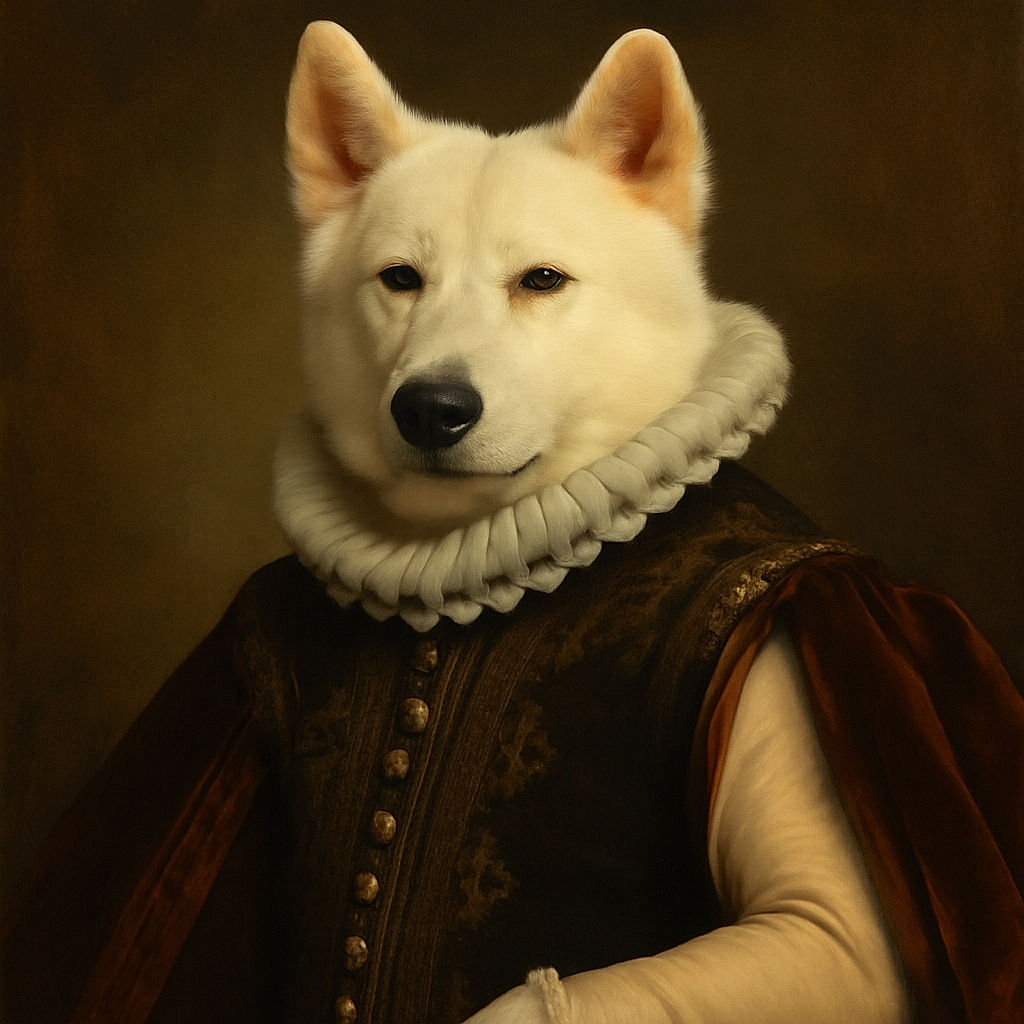 A white dog with a freshly shaved body sits on lush green grass in front of a beige house wall, looking calmly at the camera with its fluffy tail curled behind it.