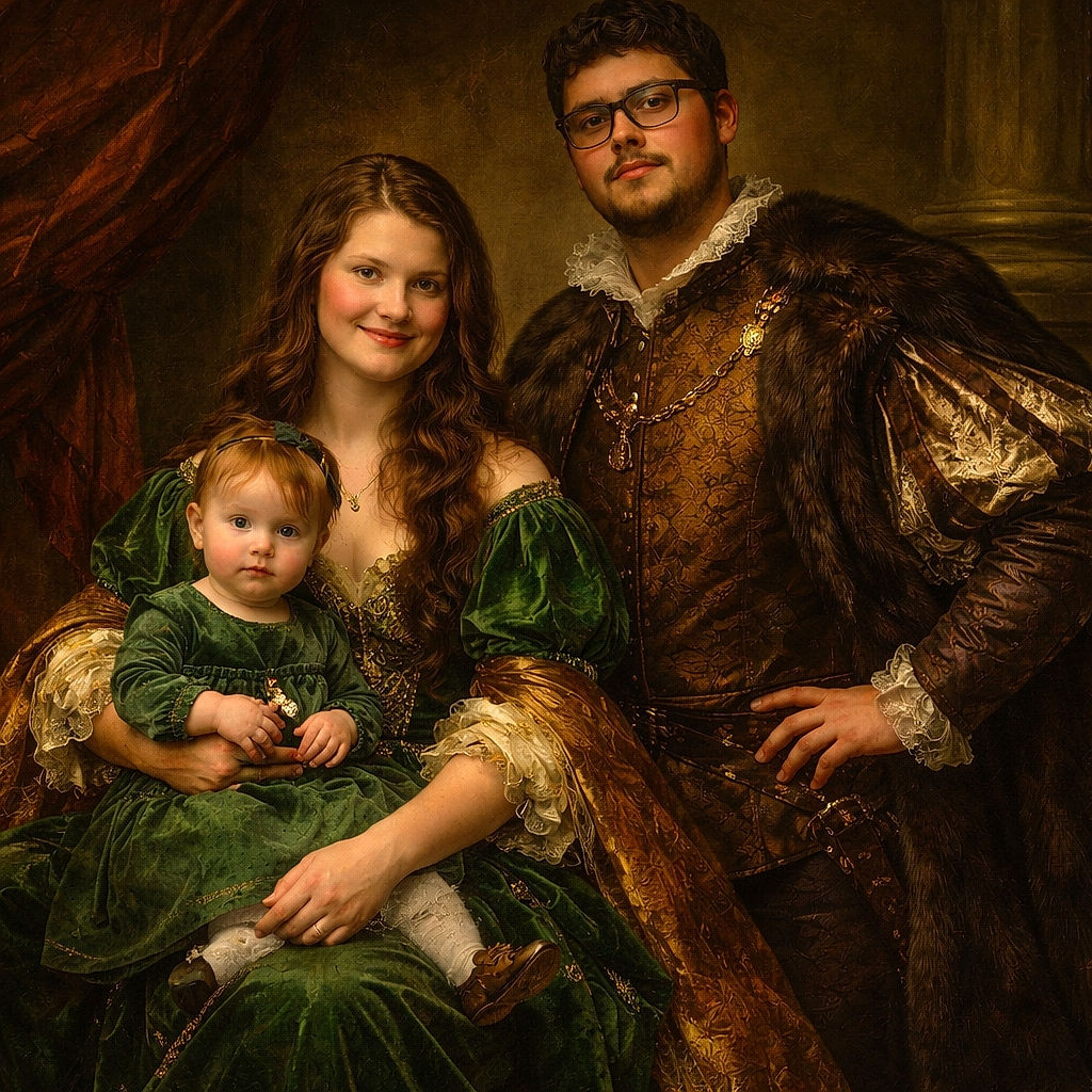 A cozy fall family portrait: a tiny toddler with a bow perched on mom's lap, both smiling, while dad in a camo hoodie stands proudly beside them on a festive red blanket draped over a truck tailgate — autumn trees and crunchy leaves setting the seasonal vibe.