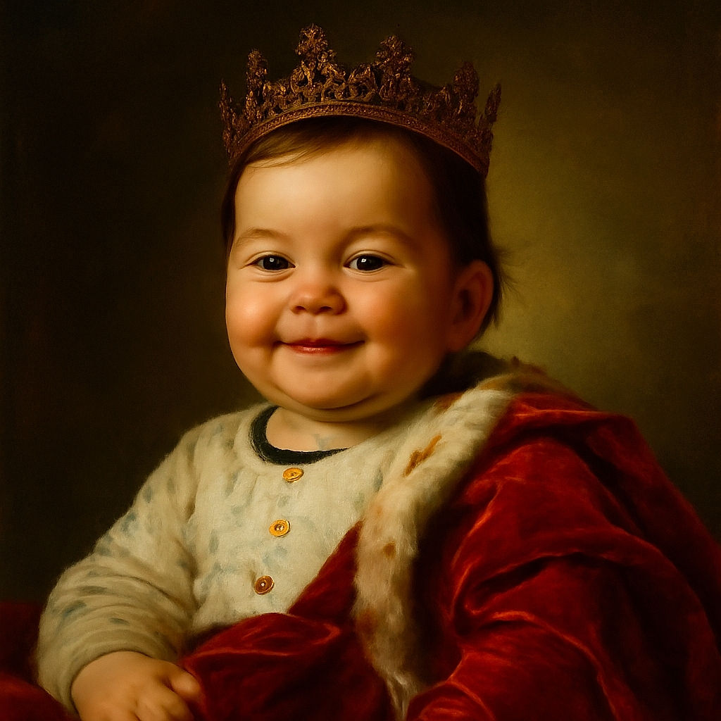 A cheerful baby with a bright smile is nestled among cozy blankets, wearing a white outfit dotted with tiny paw prints, radiating warmth and happiness.
