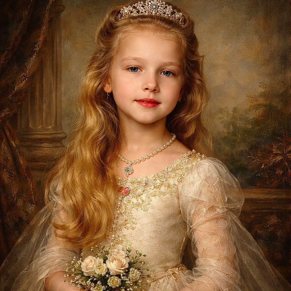 A small blonde girl in a floral dress and cardigan stares like she was just asked to say cheese — part-model, part-amused by the whole photo-op, with wind-in-hair vibes and a plain wall backstage pass.