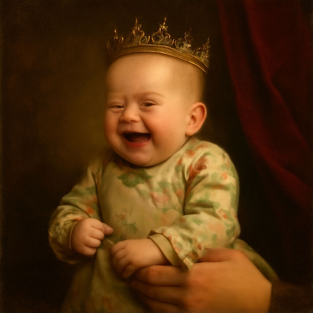 A joyful baby with a floral onesie is laughing heartily while being gently held by an adult sitting on jeans-clad legs, capturing a tender and candid moment of pure happiness.