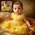 A tiny baby dressed in an extravagant yellow dress adorned with large fabric roses, sitting comfortably in a cushioned baby seat with a floral pattern. The baby looks curiously at the camera, fists slightly clenched, and yellow booties complete the ensemble. The carpeted background adds a cozy home vibe.