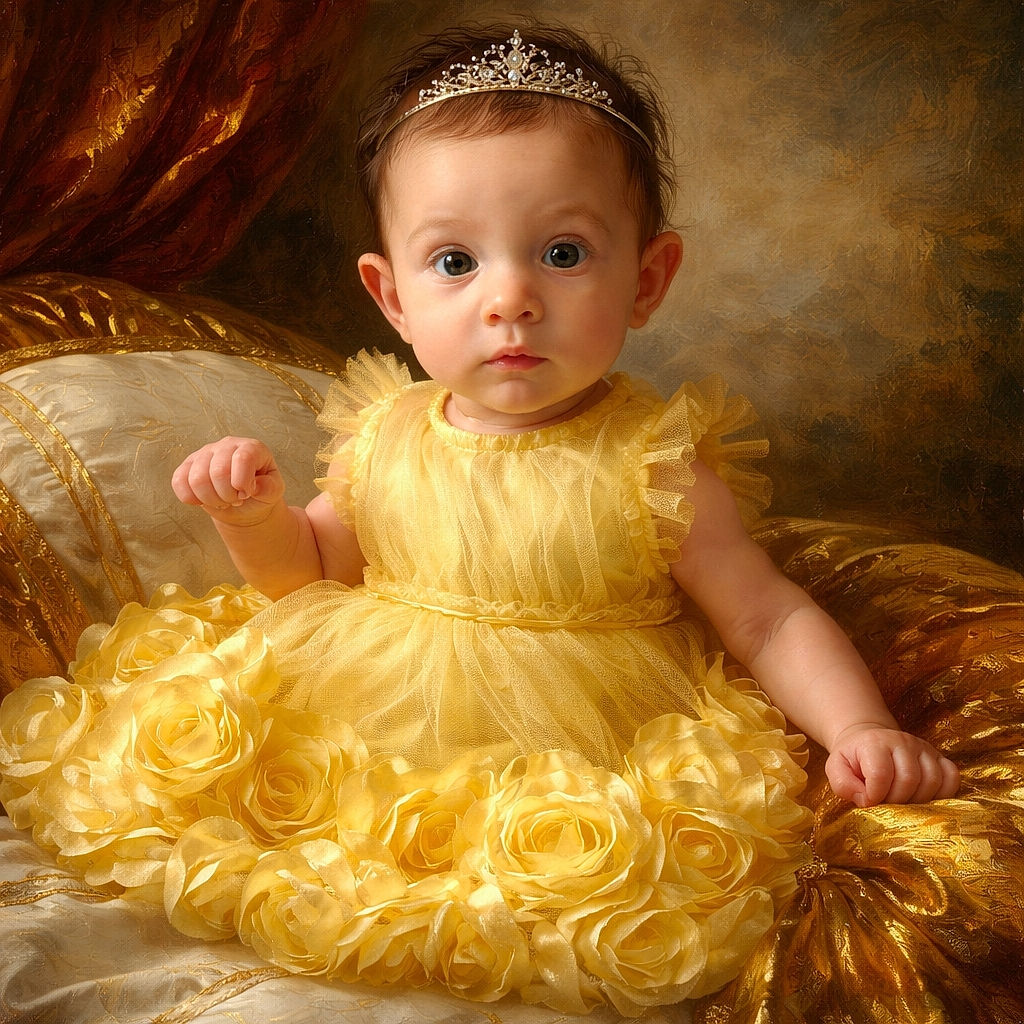 A tiny baby dressed in an extravagant yellow dress adorned with large fabric roses, sitting comfortably in a cushioned baby seat with a floral pattern. The baby looks curiously at the camera, fists slightly clenched, and yellow booties complete the ensemble. The carpeted background adds a cozy home vibe.