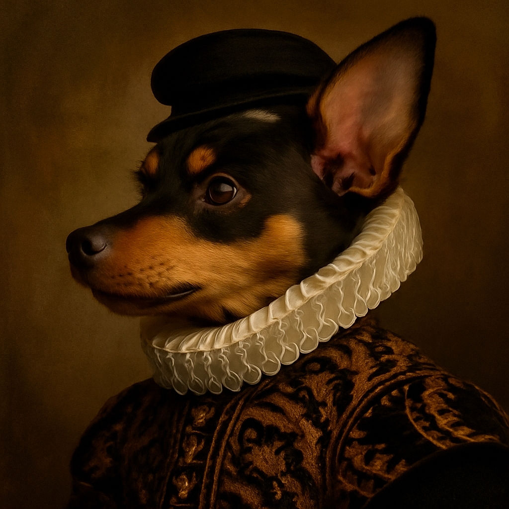 A small black and tan dog is resting its head on a blue patterned pillow, looking contemplative or sleepy. The background features a dark blue blanket with circular designs, creating a cozy bed scene. The dog’s large ear is prominently visible, and the lighting highlights the shiny fur.