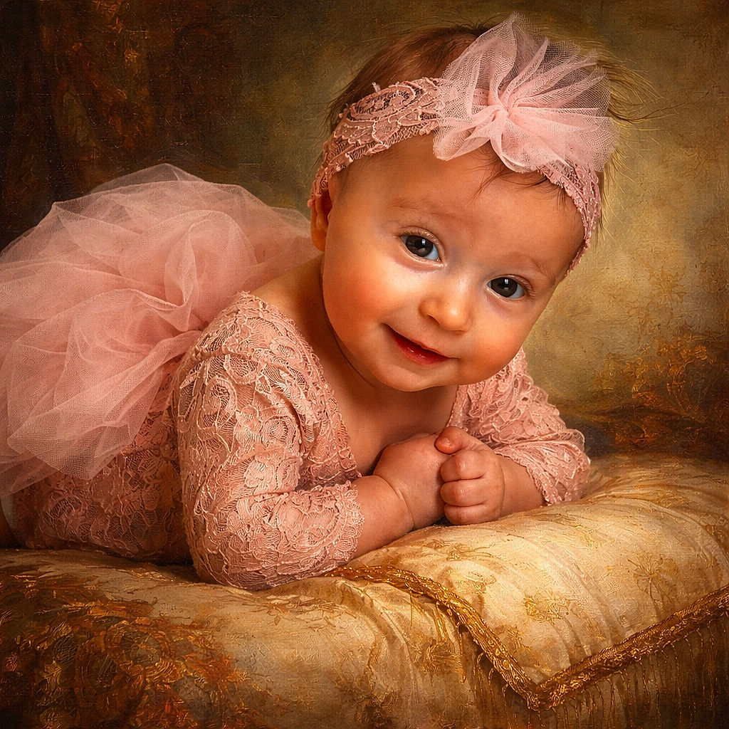 A cheeky little baby in pink lace and a tulle tutu glares adorably at the camera like a tiny diva — curled on a fluffy white blanket with a headband bow big enough to have its own zip code.