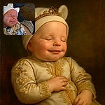 A peaceful sleeping baby wearing a cute white hat with little ears, wrapped in a cozy blanket with playful animal prints, resting comfortably on a patterned cushion in a warm indoor setting.