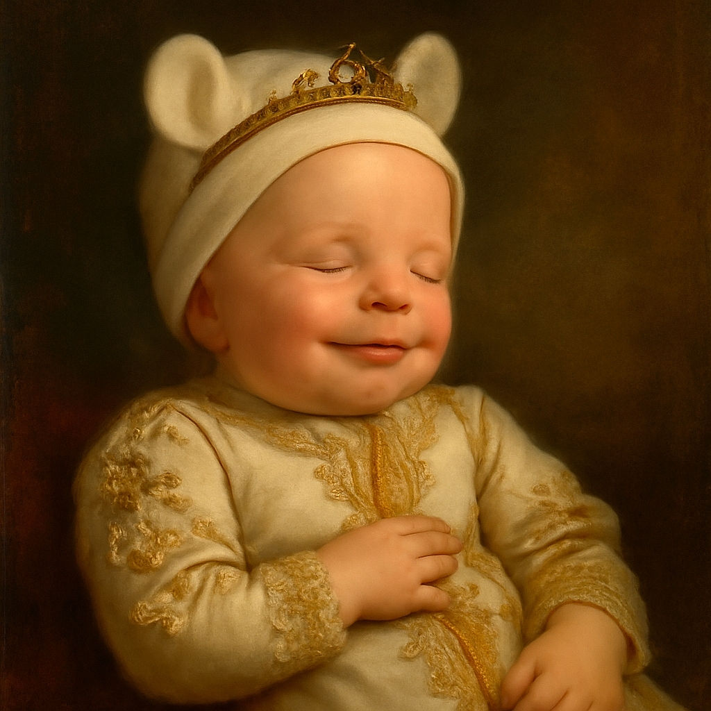 A peaceful sleeping baby wearing a cute white hat with little ears, wrapped in a cozy blanket with playful animal prints, resting comfortably on a patterned cushion in a warm indoor setting.