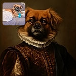 A fluffy dog lounges comfortably on a cozy gray quilted sofa, gripping a bright blue spiky toy with its paw, surrounded by soft cushions and a fuzzy white pillow, looking relaxed and slightly curious.