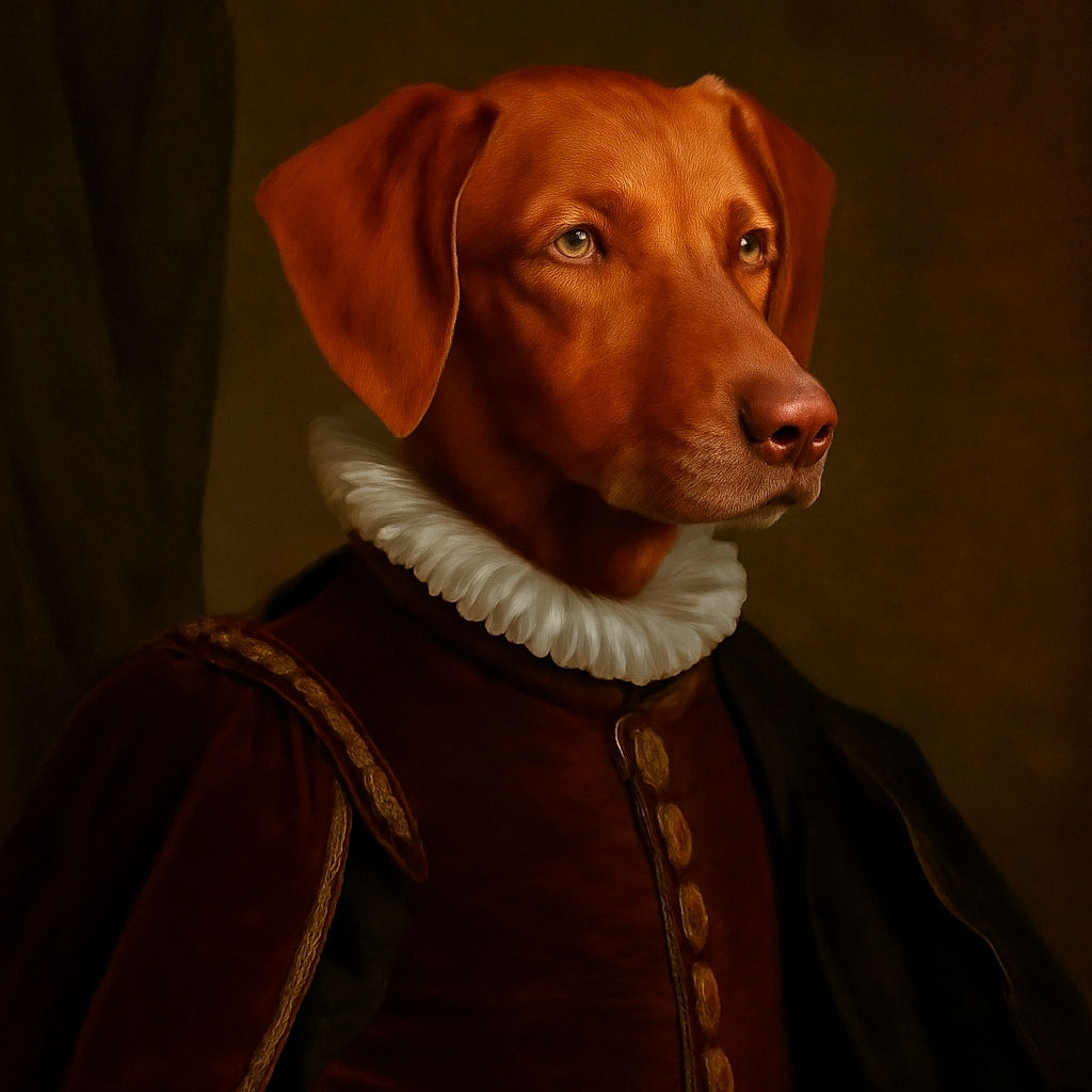 A regal brown dog lounges on a bed bathed in warm sunlight, looking off into the distance with an expression of noble contemplation, as if pondering the mysteries of the universe or the next treat.