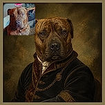 A serious-looking brown dog sits proudly for its close-up, giving the camera a soulful stare while surrounded by a wonderfully chaotic home-office jungle of papers, furniture, and mysterious tabletop treasures.