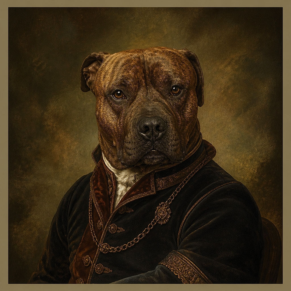 A serious-looking brown dog sits proudly for its close-up, giving the camera a soulful stare while surrounded by a wonderfully chaotic home-office jungle of papers, furniture, and mysterious tabletop treasures.