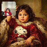 A curly-haired toddler in a bright red Snoopy t-shirt sits in a high chair, raising one hand as if volunteering for a snack or a story, while the cozy room and window blinds provide a calm backdrop.