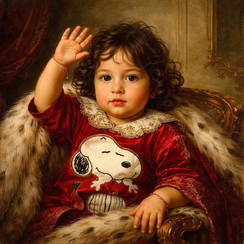A curly-haired toddler in a bright red Snoopy t-shirt sits in a high chair, raising one hand as if volunteering for a snack or a story, while the cozy room and window blinds provide a calm backdrop.