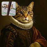 A spotted tabby cat is lying on its back on a tiled floor, paws playfully curled, with a green hose and a metal post partially obscuring its body. The scene is casual and homey, scattered with dry leaves, capturing a relaxed feline moment outdoors.