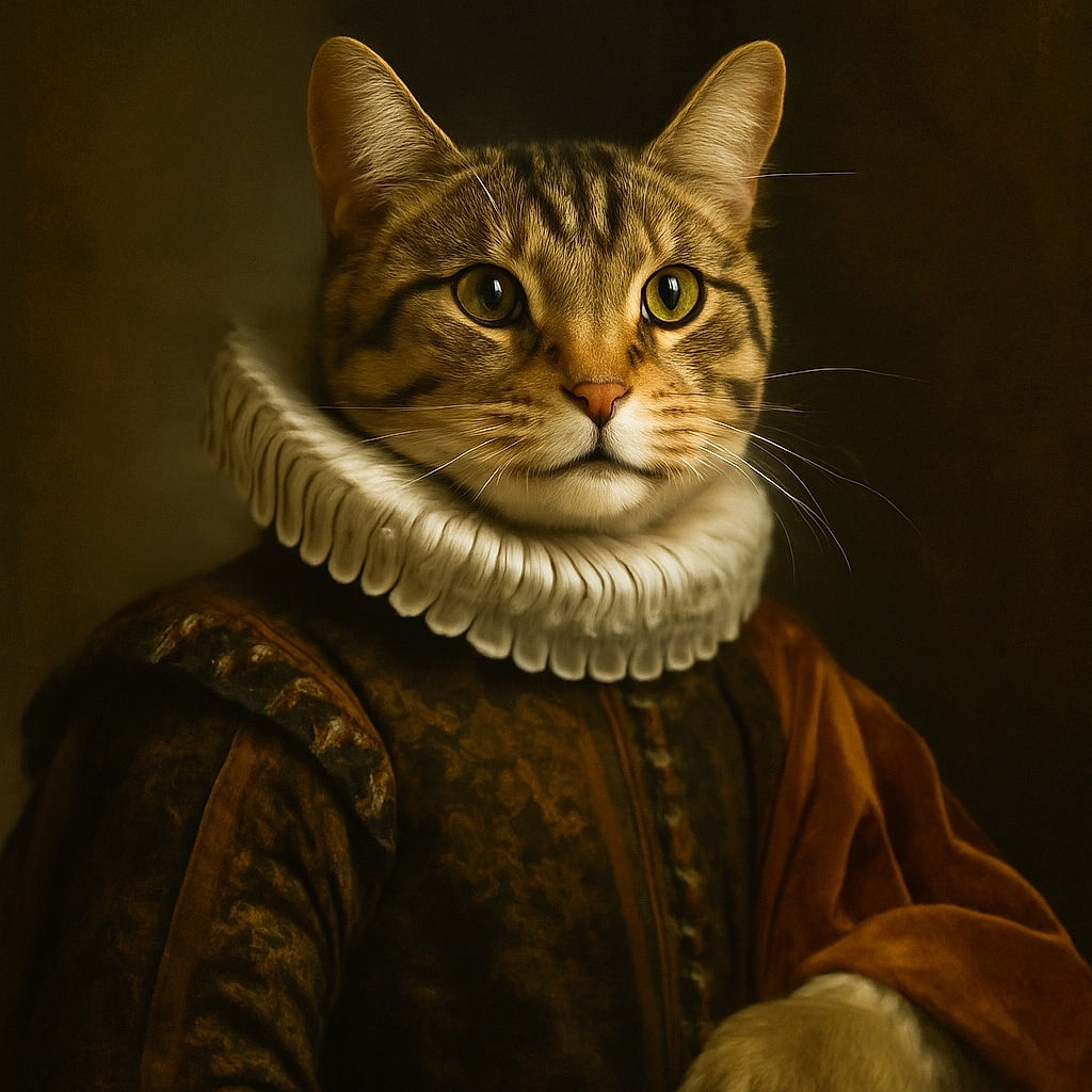 A spotted tabby cat is lying on its back on a tiled floor, paws playfully curled, with a green hose and a metal post partially obscuring its body. The scene is casual and homey, scattered with dry leaves, capturing a relaxed feline moment outdoors.