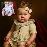 A chubby-cheeked baby with a white bow headband and a floral dress sits comfortably on a reddish cushioned chair, gazing curiously with big blue eyes as sunlight softly highlights the delicate features and folds of the outfit.