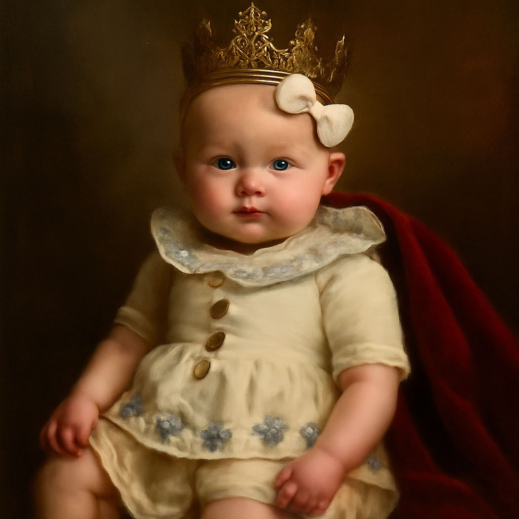 A chubby-cheeked baby with a white bow headband and a floral dress sits comfortably on a reddish cushioned chair, gazing curiously with big blue eyes as sunlight softly highlights the delicate features and folds of the outfit.