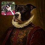 A happy black and white dog lounges on a red blanket outdoors, tongue out and looking content amidst green foliage and branches in the background. The image has a stylized, almost painted effect giving it a unique artistic touch.