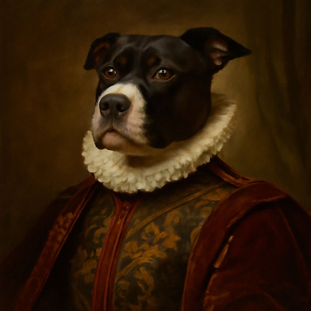 A happy black and white dog lounges on a red blanket outdoors, tongue out and looking content amidst green foliage and branches in the background. The image has a stylized, almost painted effect giving it a unique artistic touch.