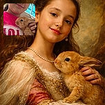 A cheerful young girl with a yellow star sticker on her cheek cuddles an adorable fluffy brown bunny, both soaking in the natural light of a cozy outdoor setting with a blue canopy in the background.