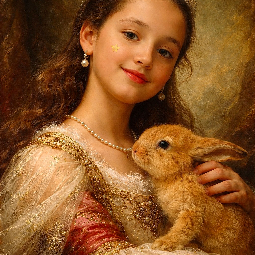 A cheerful young girl with a yellow star sticker on her cheek cuddles an adorable fluffy brown bunny, both soaking in the natural light of a cozy outdoor setting with a blue canopy in the background.
