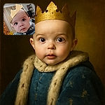 A close-up photo of a wide-eyed baby wearing a golden paper crown, looking curiously at the camera with a bit of drool on the chin, set indoors with a cozy background featuring shelves and a yellow chair.