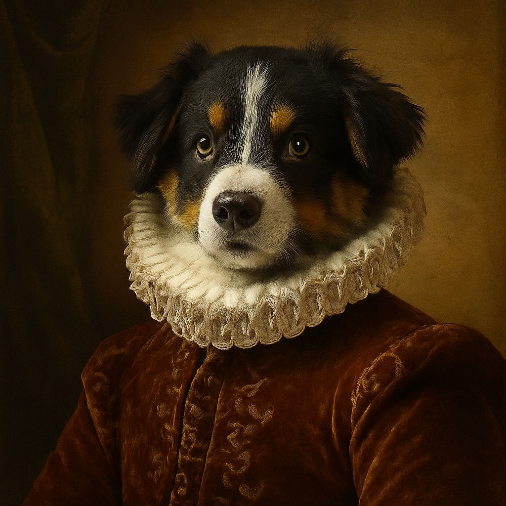An adorable fluffy puppy with a tri-color coat sits patiently on a concrete floor, looking straight into the camera with soulful eyes and a slightly wagging tail, radiating pure puppy charm.