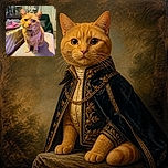 A wide-eyed orange cat sits proudly on a couch, staring into the camera like it has just been promoted to household manager. Colorful lighting gives the whiskered supervisor an especially dramatic, slightly neon glow.