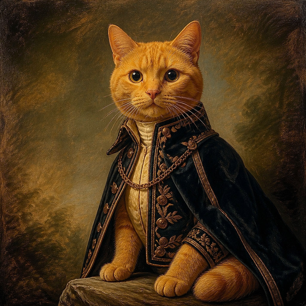 A wide-eyed orange cat sits proudly on a couch, staring into the camera like it has just been promoted to household manager. Colorful lighting gives the whiskered supervisor an especially dramatic, slightly neon glow.