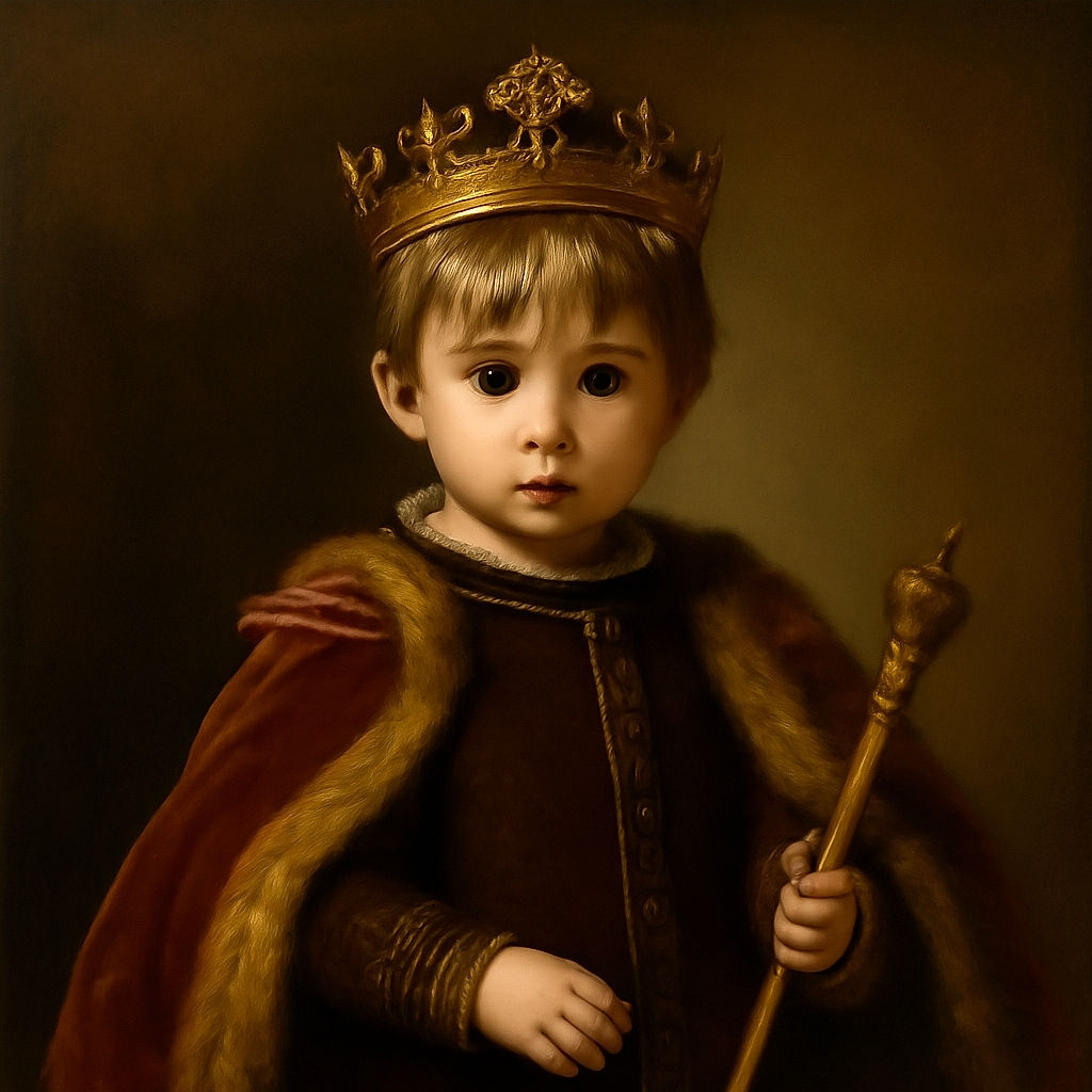 A cute toddler with big curious eyes sits shirtless in a high chair, mid-snack with food smeared around the mouth and on the plate, caught in a candid moment of messy mealtime chaos.