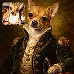 A wide-eyed chihuahua stares straight at the camera like it just heard the word 'treat' — ears alert, little nose in the center, and a proud chest puffed out on a cozy patterned blanket with a laptop peeking in the background.