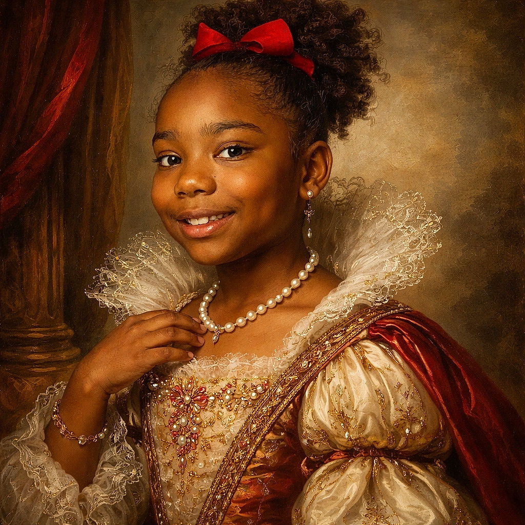 A cheerful young girl wearing a red bow and beaded necklace points upwards enthusiastically in a classroom setting, with a whiteboard and colorful decorations in the background.