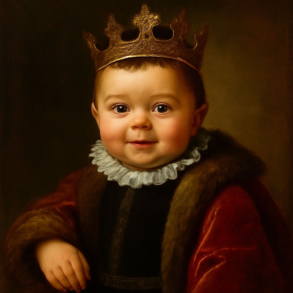 A close-up photo of a happy baby with big sparkling eyes and a tiny tongue peeking out, dressed in a striped shirt and black overalls, sitting against a soft beige background that looks as cozy as a warm hug.